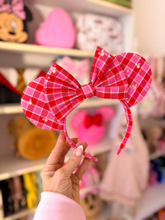 Pink Red Plaid Pearl Ears