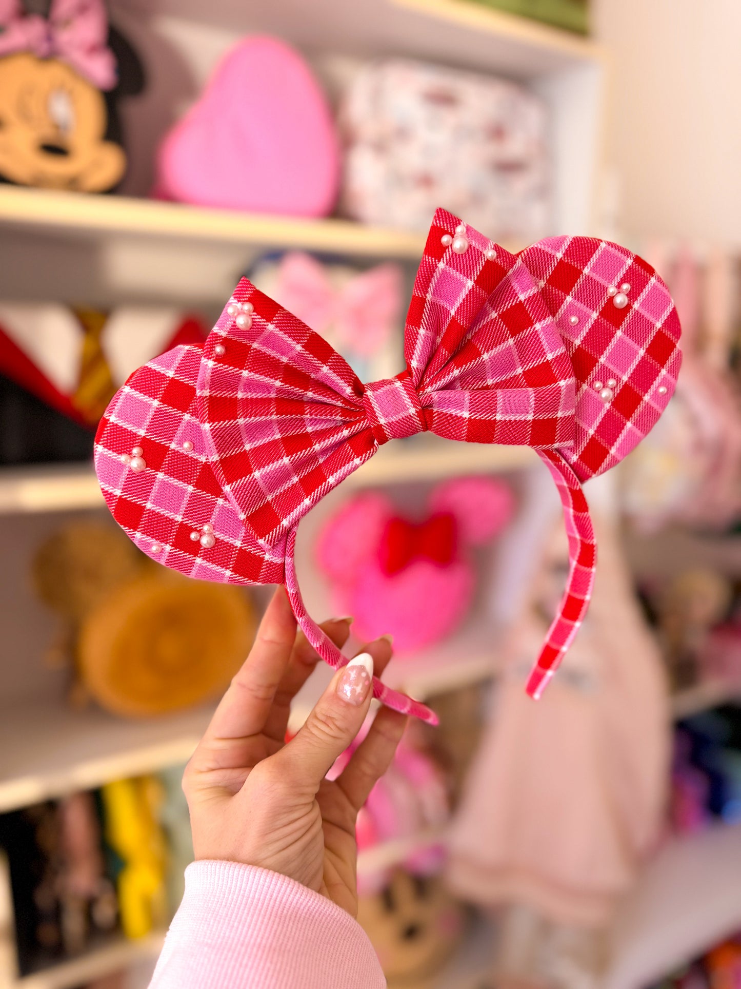 Pink Red Plaid Pearl Ears
