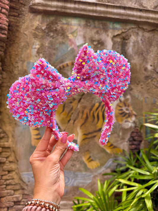 Pink Birthday Celebration Sparkle Luxury Sequin Ears and Bow Limited Edition